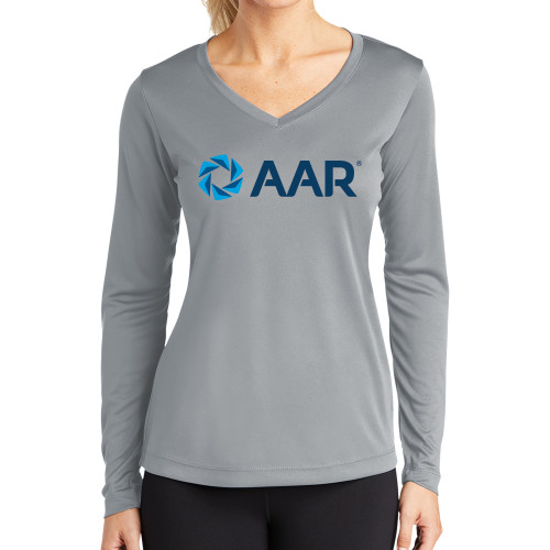 Womens Grey Performance Long Sleeve V Neck Shirt-AAR