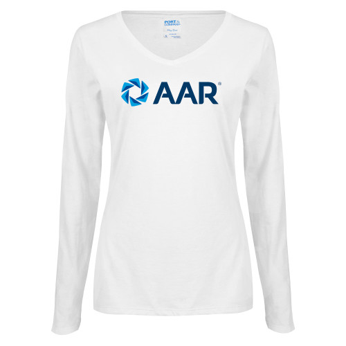Womens White Long Sleeve V Neck Tee-AAR