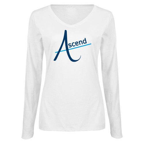Womens White Long Sleeve V Neck Tee-Ascend