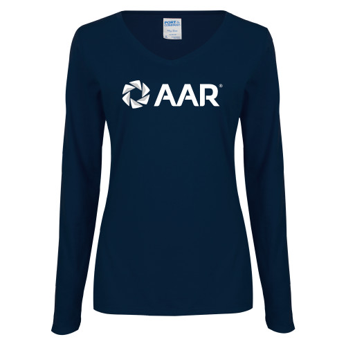 Womens Navy Long Sleeve V Neck Tee-AAR
