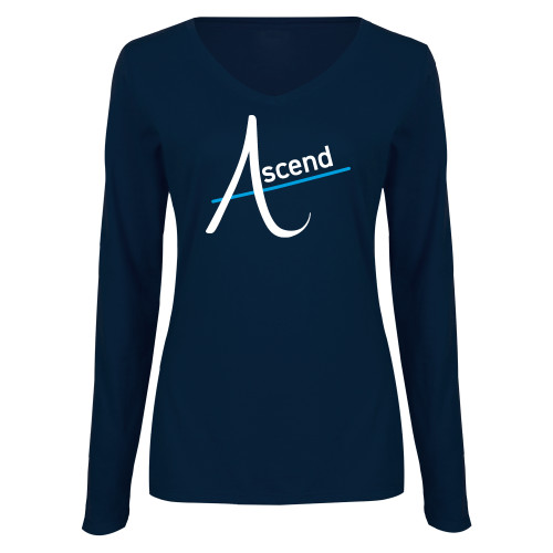 Womens Navy Long Sleeve V Neck Tee-Ascend
