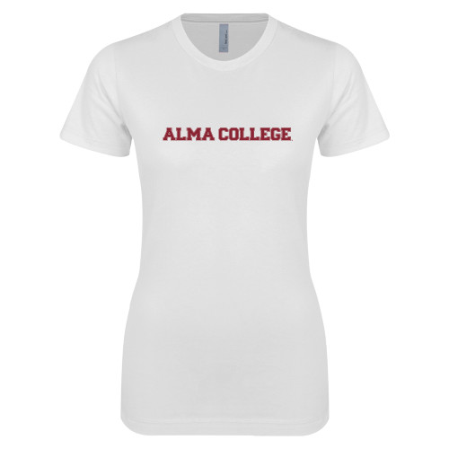 Next Level Womens White Boyfriend Tee-Alma College Wordmark