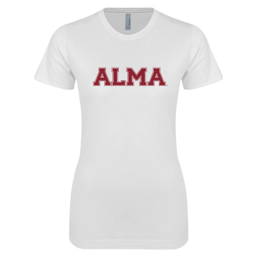 Next Level Womens White Boyfriend Tee-Alma College Alma Wordmark