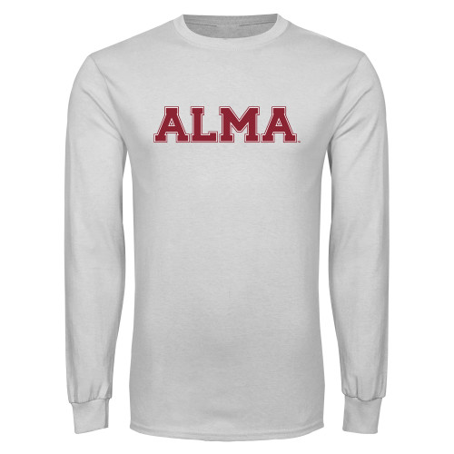 White Long Sleeve T Shirt-Alma College Alma Wordmark