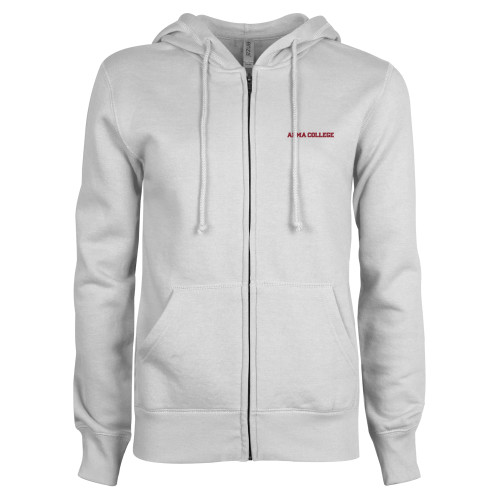 ENZA Womens White Fleece Full Zip Hoodie-Alma College Wordmark