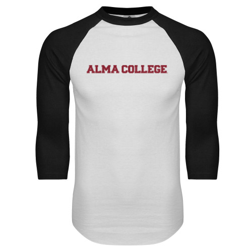 White/Black Raglan Baseball T Shirt-Alma College Wordmark