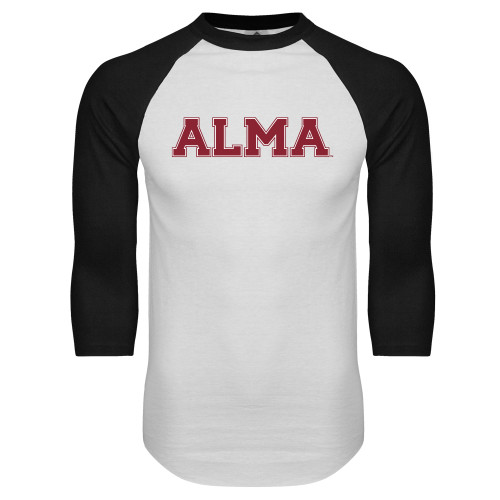 White/Black Raglan Baseball T Shirt-Alma College Alma Wordmark