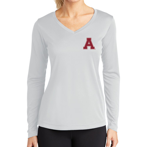 Womens White Performance Long Sleeve V Neck Shirt-Alma College Athletic A