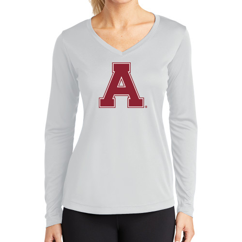 Womens White Performance Long Sleeve V Neck Shirt-Alma College Athletic A