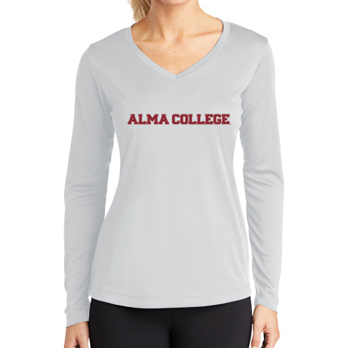 Womens White Performance Long Sleeve V Neck Shirt-Alma College Wordmark