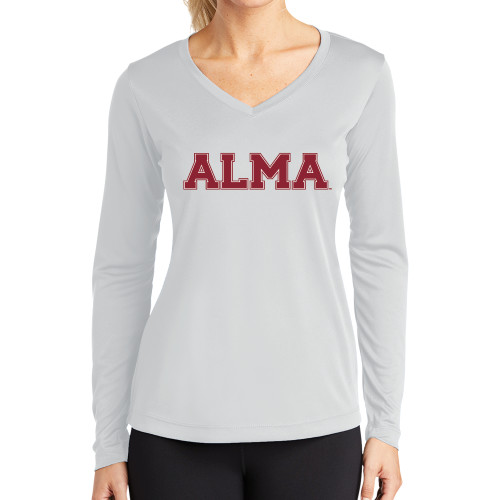 Womens White Performance Long Sleeve V Neck Shirt-Alma College Alma Wordmark
