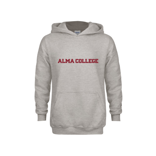 Youth Grey Fleece Hood-Alma College Wordmark