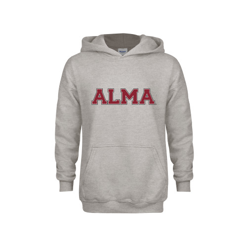 Youth Grey Fleece Hood-Alma College Alma Wordmark
