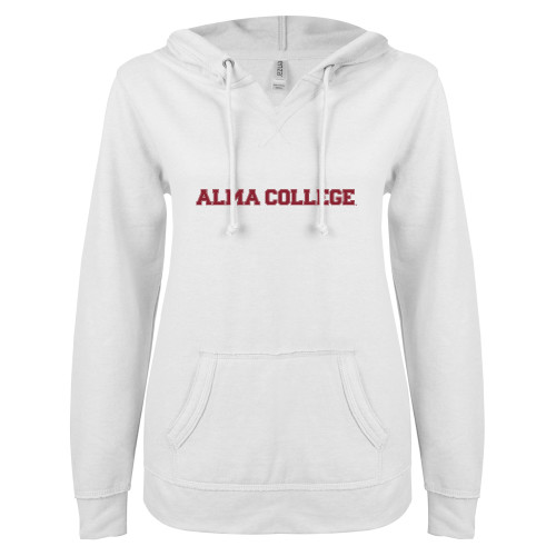 ENZA Womens White V Notch Raw Edge Fleece Hoodie-Alma College Wordmark