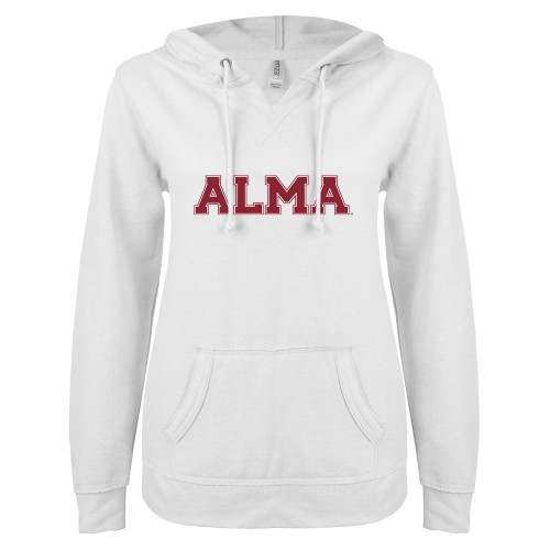 ENZA Womens White V Notch Raw Edge Fleece Hoodie-Alma College Alma Wordmark
