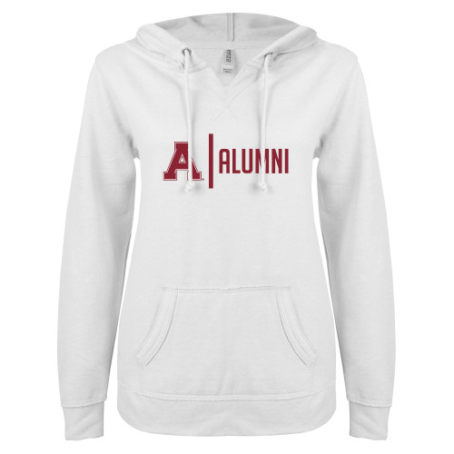ENZA Womens White V Notch Raw Edge Fleece Hoodie-Alma College Alumni