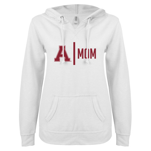 ENZA Womens White V Notch Raw Edge Fleece Hoodie-Alma College Mom