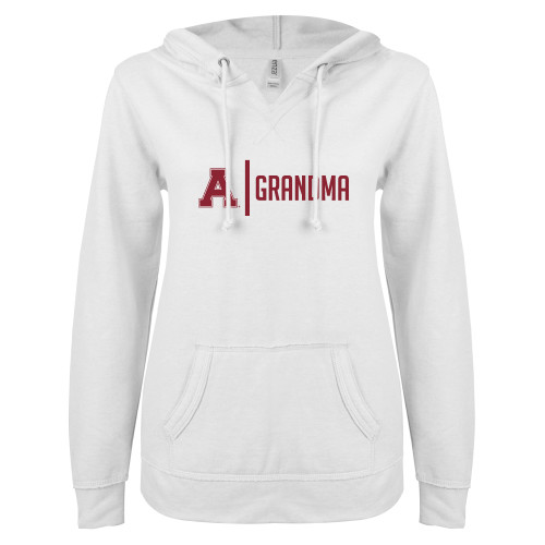 ENZA Womens White V Notch Raw Edge Fleece Hoodie-Alma College Grandma