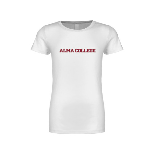 Next Level Girls White Fashion Fit T Shirt-Alma College Wordmark