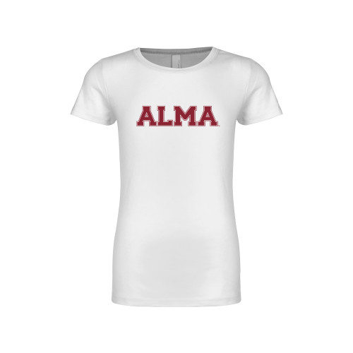 Next Level Girls White Fashion Fit T Shirt-Alma College Alma Wordmark