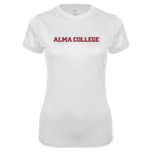 Womens White Performance Tee-Alma College Wordmark