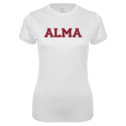 Womens White Performance Tee-Alma College Alma Wordmark