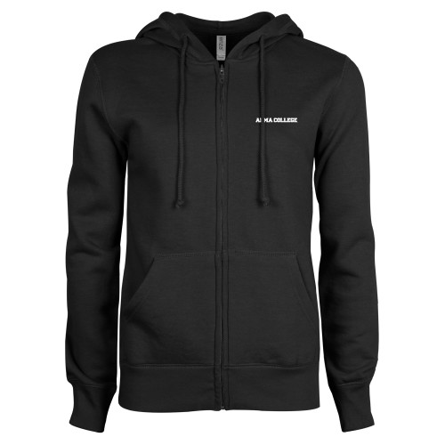 ENZA Womens Black Fleece Full Zip Hoodie-Alma College Wordmark