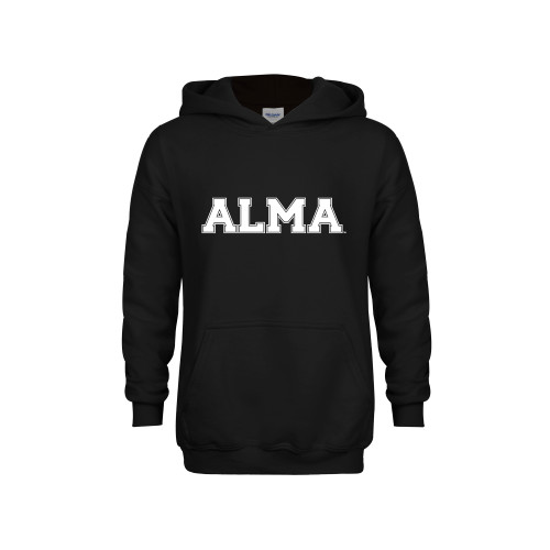 Youth Black Fleece Hoodie-Alma College Alma Wordmark