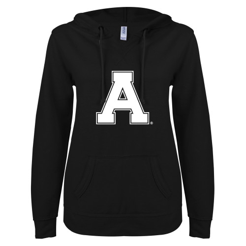ENZA Womens Black V Notch Raw Edge Fleece Hoodie-Alma College Athletic A