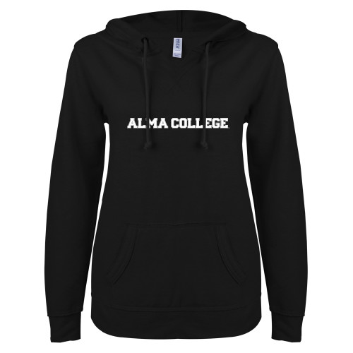 ENZA Womens Black V Notch Raw Edge Fleece Hoodie-Alma College Wordmark