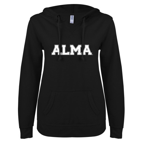 ENZA Womens Black V Notch Raw Edge Fleece Hoodie-Alma College Alma Wordmark