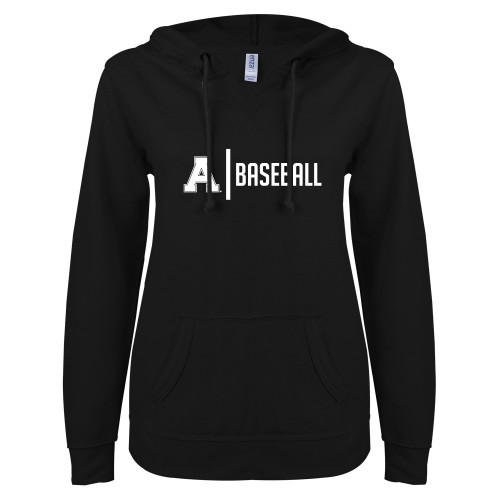 ENZA Womens Black V Notch Raw Edge Fleece Hoodie-Alma College Baseball