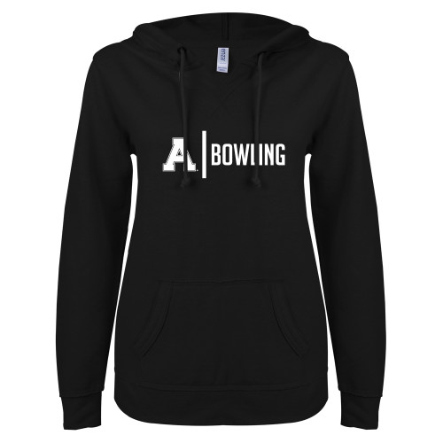 ENZA Womens Black V Notch Raw Edge Fleece Hoodie-Alma College Bowling