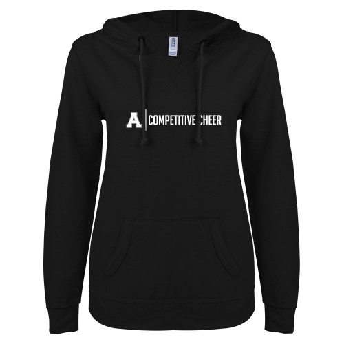 ENZA Womens Black V Notch Raw Edge Fleece Hoodie-Alma College Competitive Cheer