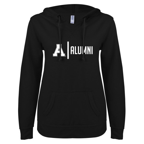 ENZA Womens Black V Notch Raw Edge Fleece Hoodie-Alma College Alumni