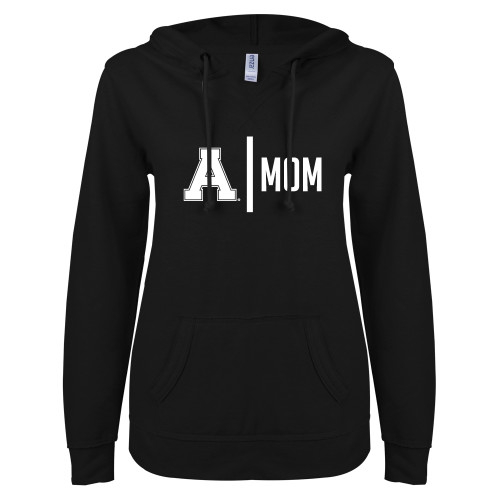 ENZA Womens Black V Notch Raw Edge Fleece Hoodie-Alma College Mom