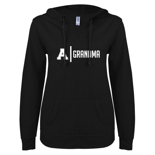 ENZA Womens Black V Notch Raw Edge Fleece Hoodie-Alma College Grandma