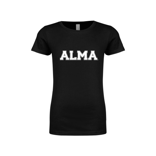 Next Level Girls Black Fashion Fit T Shirt-Alma College Alma Wordmark