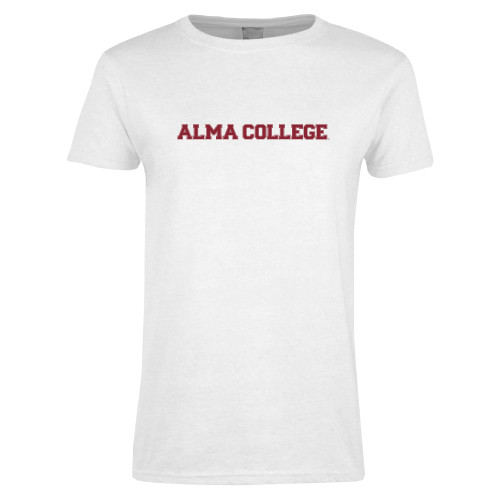 Womens White Short Sleeve Tee-Alma College Wordmark