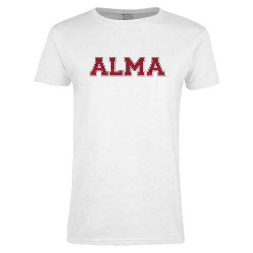 Womens White Short Sleeve Tee-Alma College Alma Wordmark