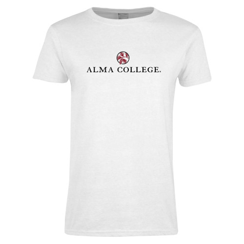 Womens White Short Sleeve Tee-Alma College Institutional Wordmark