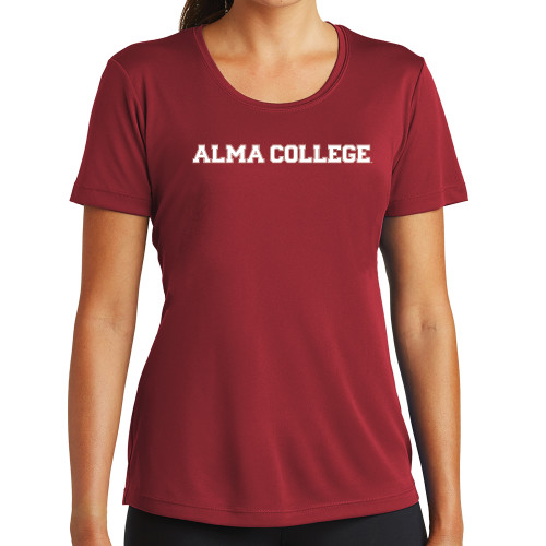 Womens Cardinal Performance Short Sleeve Tee-Alma College Wordmark
