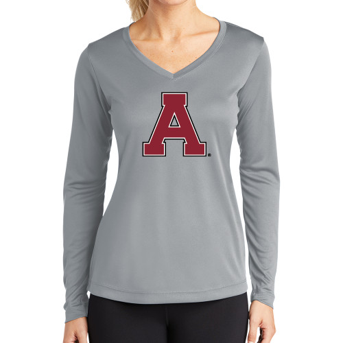 Womens Grey Performance Long Sleeve V Neck Shirt-Alma College Athletic A