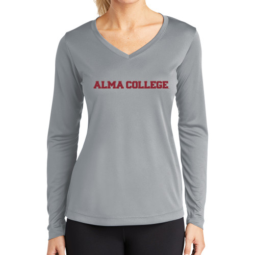 Womens Grey Performance Long Sleeve V Neck Shirt-Alma College Wordmark