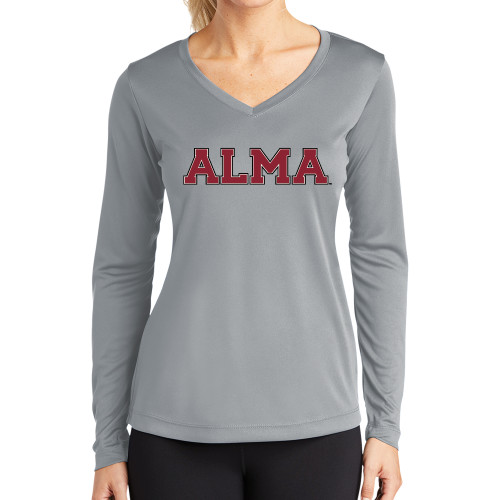 Womens Grey Performance Long Sleeve V Neck Shirt-Alma College Alma Wordmark