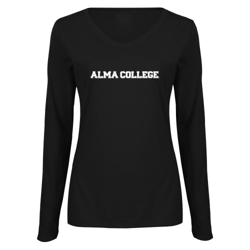 Womens Black Long Sleeve V Neck Tee -Alma College Wordmark