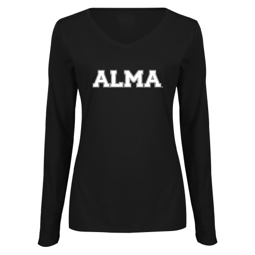Womens Black Long Sleeve V Neck Tee -Alma College Alma Wordmark