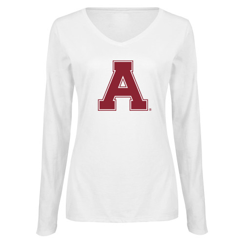 Womens White Long Sleeve V Neck Tee-Alma College Athletic A