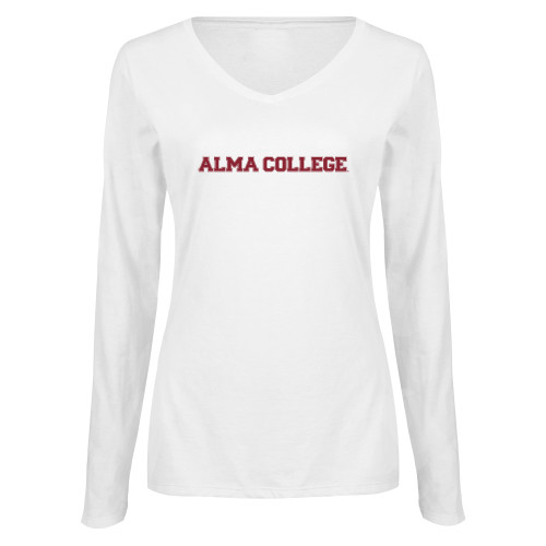 Womens White Long Sleeve V Neck Tee-Alma College Wordmark