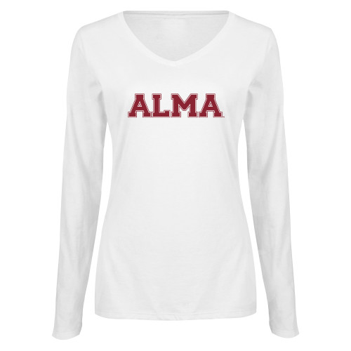 Womens White Long Sleeve V Neck Tee-Alma College Alma Wordmark